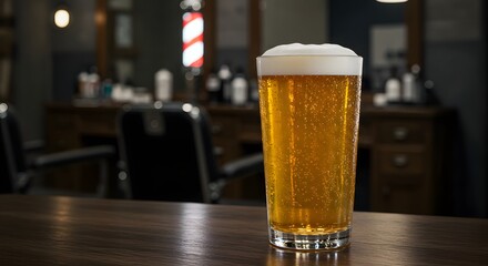 Glass of Light Beer with Foam in a Shop Setting