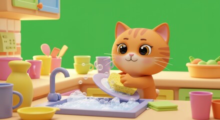 Adorable Ginger Kitten Doing Dishes in a Cartoon Kitchen