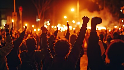 A powerful demonstration at night, protestors raise their hands in solidarity, illuminated by torches