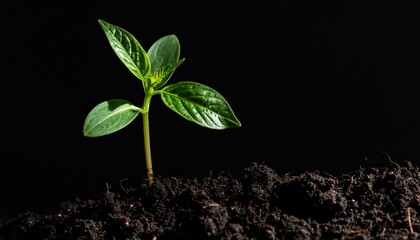 New Life Emerges: A vibrant, young seedling, the embodiment of new beginnings, pushes upward from fertile soil against a stark, elegant black background. Symbolizing growth, renewal.