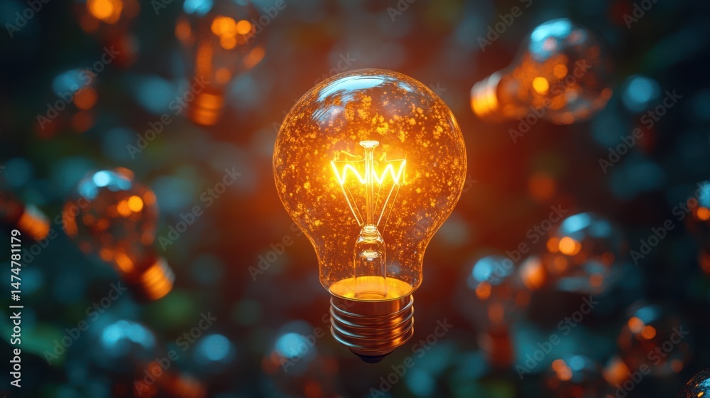 Poster idea generation - single glowing bulb surrounded by dead bulbs floating in space, photorealistic 3d 