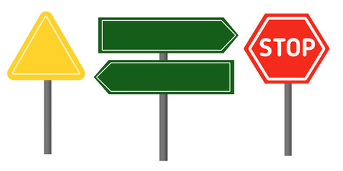 Road Sign Vector Set – Stop, Direction Arrow, and Warning Triangle Symbols