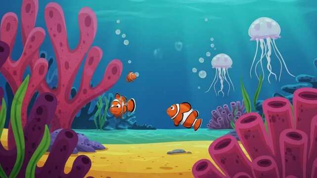 Cartoon Reef Life: Clownfish, Jellyfish, and Coral