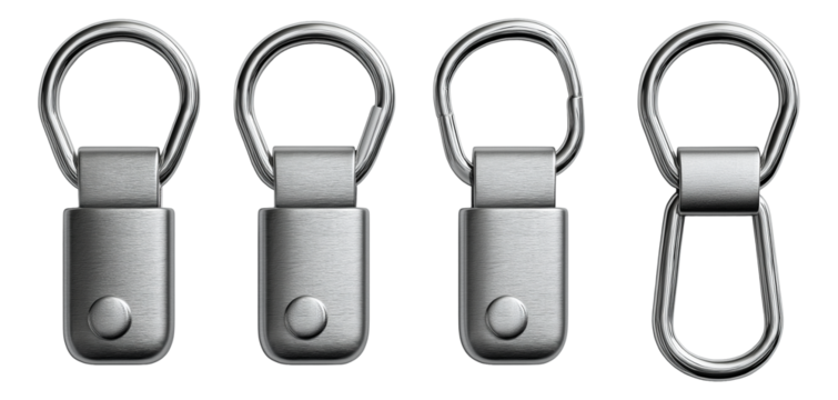 Set of four silver metallic rings with rectangular fasteners arranged in a row on transparent background.