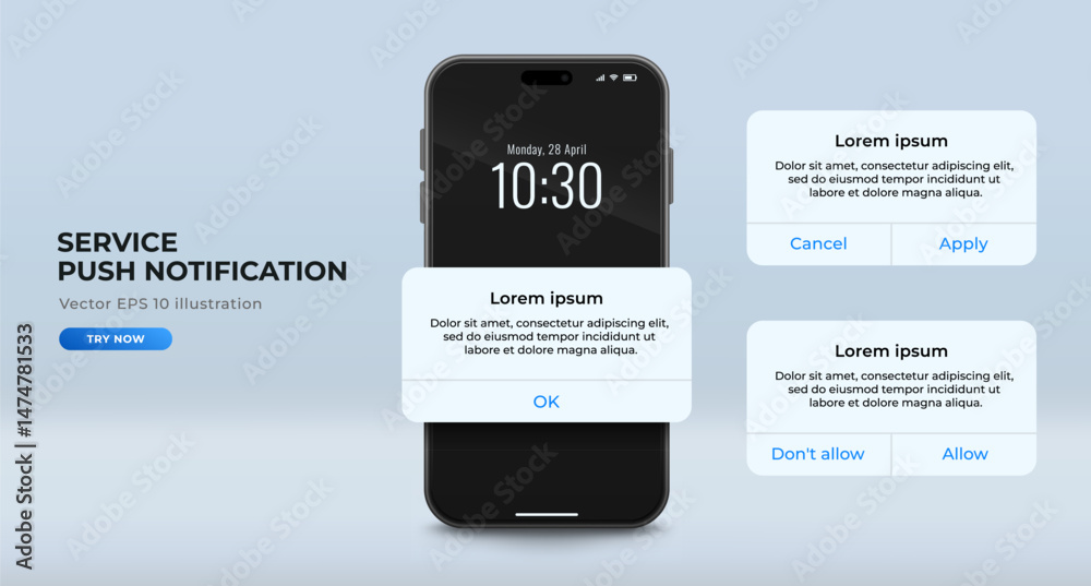Wall mural set of service or system pop-up push notification templates with realistic smartphone. reminder mess