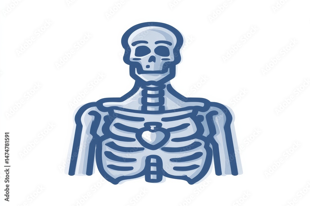 Poster illustration of a skeleton with a heart shape in the chest area on a simple background, depicting hu