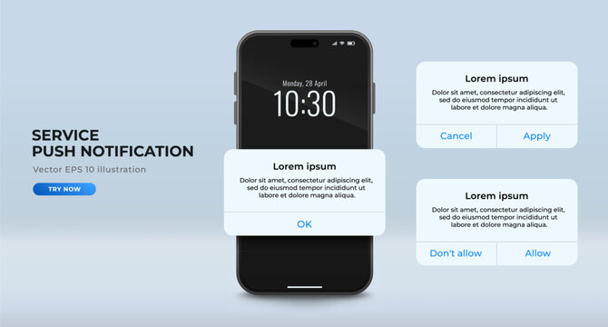 Set of service or system pop-up push notification templates with realistic smartphone. Reminder message from a mobile app, vector illustration. 