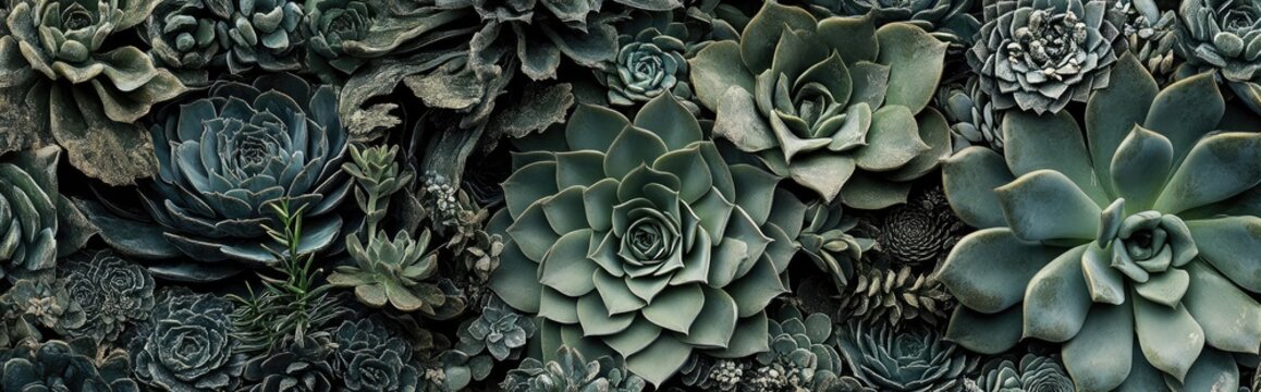 Lush arrangement of various succulents in muted green hues - Powered by Adobe