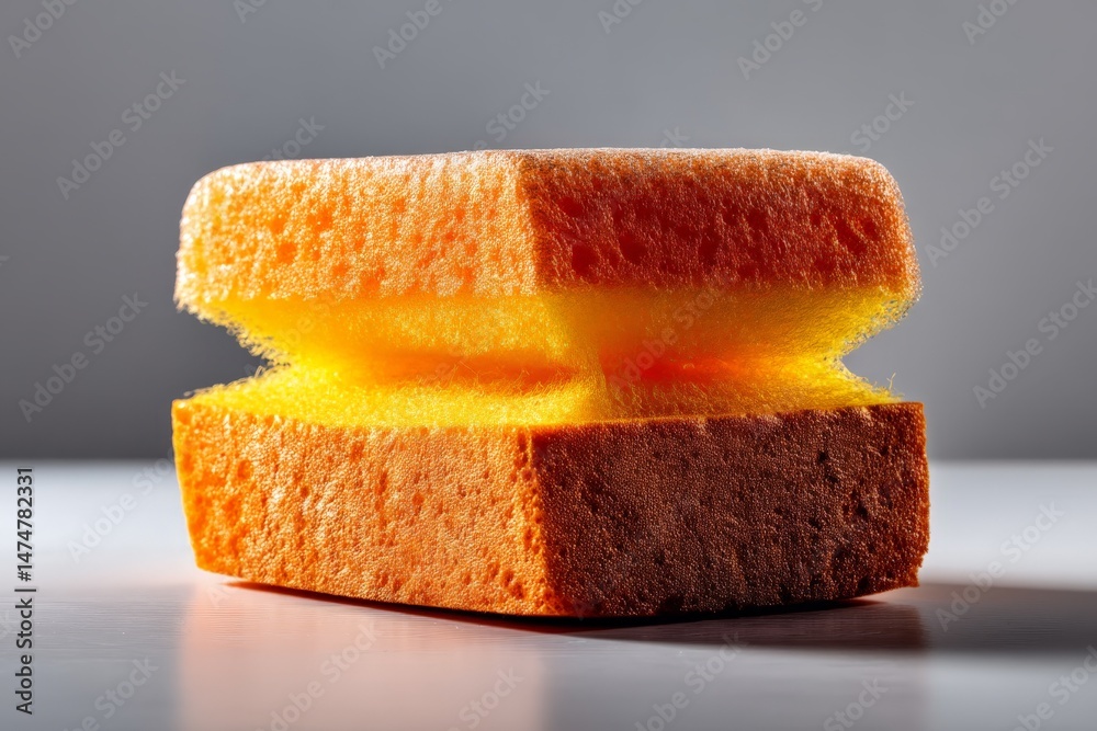 Poster unique perspective of a kitchen sponge highlighting its vibrant colors and texture under soft lighti