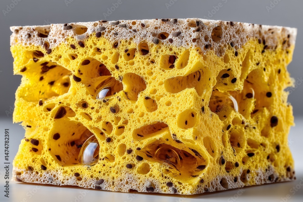 Poster unique close-up of a vibrant yellow sponge showcasing intricate textures and air pockets