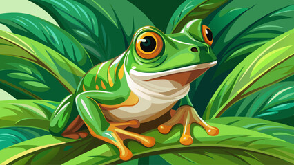 Fototapeta premium A small green frog balanced on a green leaf exemplifies the beauty of nature's delicate balance, highlighting the importance of preserving wildlife and their 
