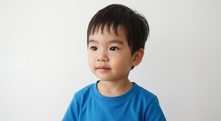 Portrait of a cute asian toddler boy in blue shirt looking away against white background studio shot image