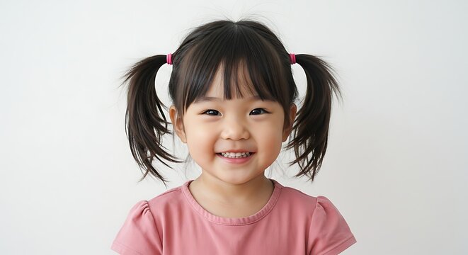 Adorable asian girl smiling portrait with pigtails hairstyle and pink shirt on white background image - Powered by Adobe