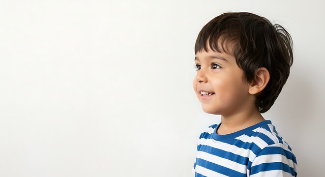 Portrait of adorable smiling little boy looking away with striped shirt on white background side view photo