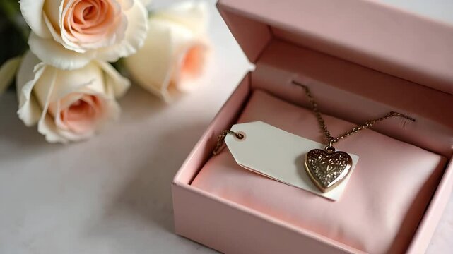 Heart locket necklace in gift box with roses, with a white tag, for romantic occasions