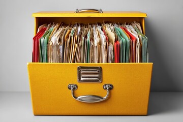 Yellow file box filled with organized documents in a minimalist workspace