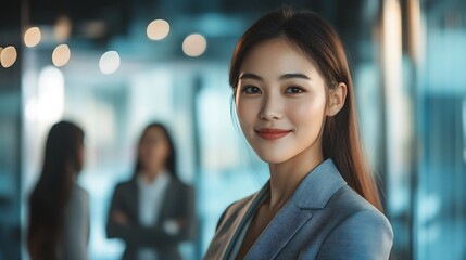 A boss praises a young Asian woman for her exceptional performance and contribution to the company, recognizing her hard work in a corporate environment.