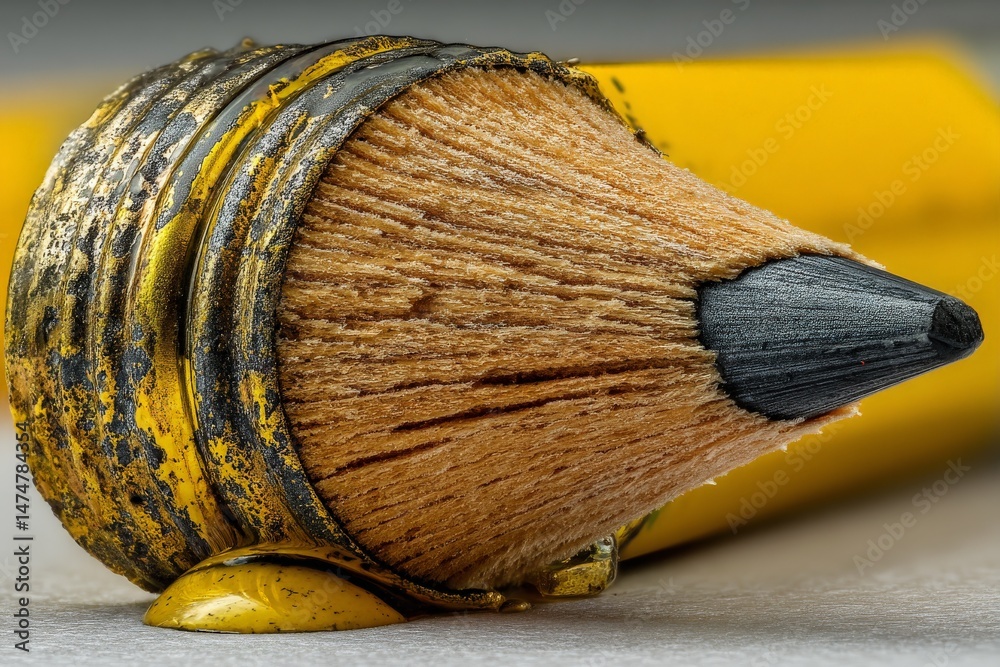 Poster Close-up view of a sharpened yellow pencil with worn edges and visible texture captured in bright light