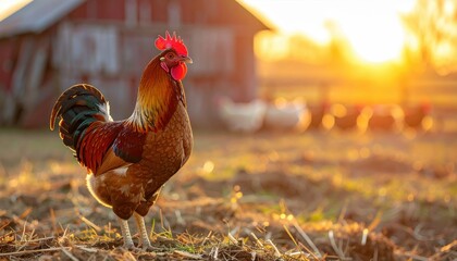 Fototapeta premium Sunrise Rooster's Call: A proud rooster stands tall in a rural field, his vibrant plumage illuminated by the warm, golden light of dawn, heralding a new day on the farm.