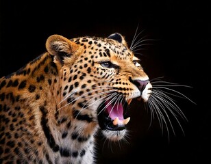 Yawning leopard at black background