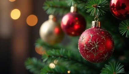 Fototapeta premium Festive Christmas ornaments hanging on a decorated tree , celebration, merry christmas