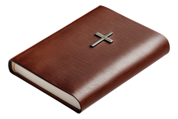 Closed brown leather-bound book with silver cross embellishment on cover, symbolizing religious text, on transparent background.