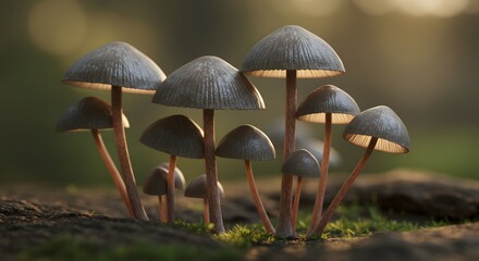 Fototapeta premium Mushrooms Growing in Forest Ground at Sunset