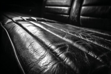 Obraz premium Leather seat detail showcasing texture and craftsmanship in dim light during a classic car restoration project