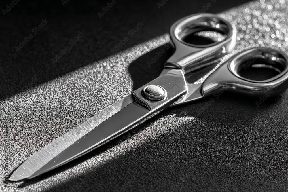 Aufkleber Scissors resting on a textured surface with dramatic lighting showcasing their sharp design