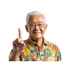 Senior Asian Man Pointing Up, Number One Gesture, Positive Expression