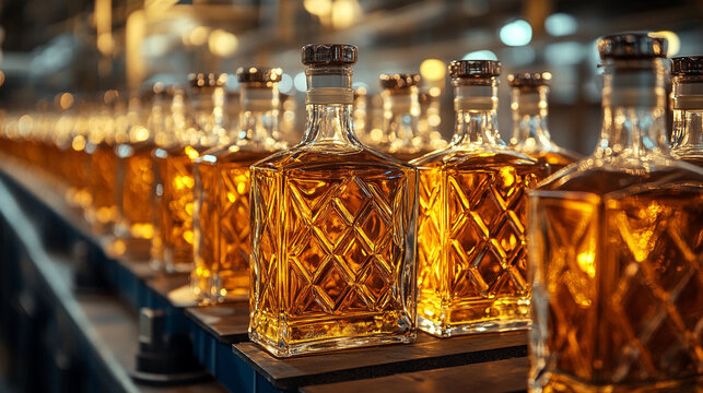 Bottles of amber liquor lined up in a distillery showcasing the craftsmanship and quality of spirits
