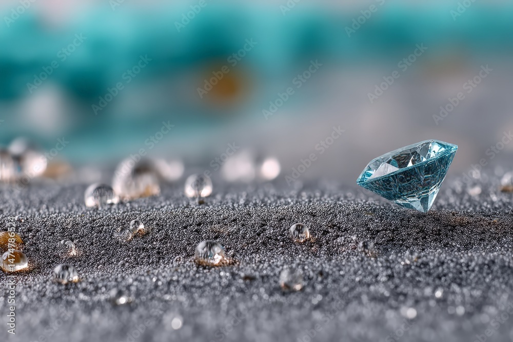 Poster close-up of sparkling crystal diamond surrounded by water droplets on textured surface