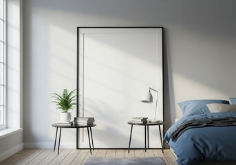 Bedroom interior with blank frame, side tables, and blue bedding