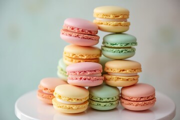 Fototapeta premium Stacked Pastel Macarons on White Stand: Delicate, Colorful, Delicious French Confection Tower 