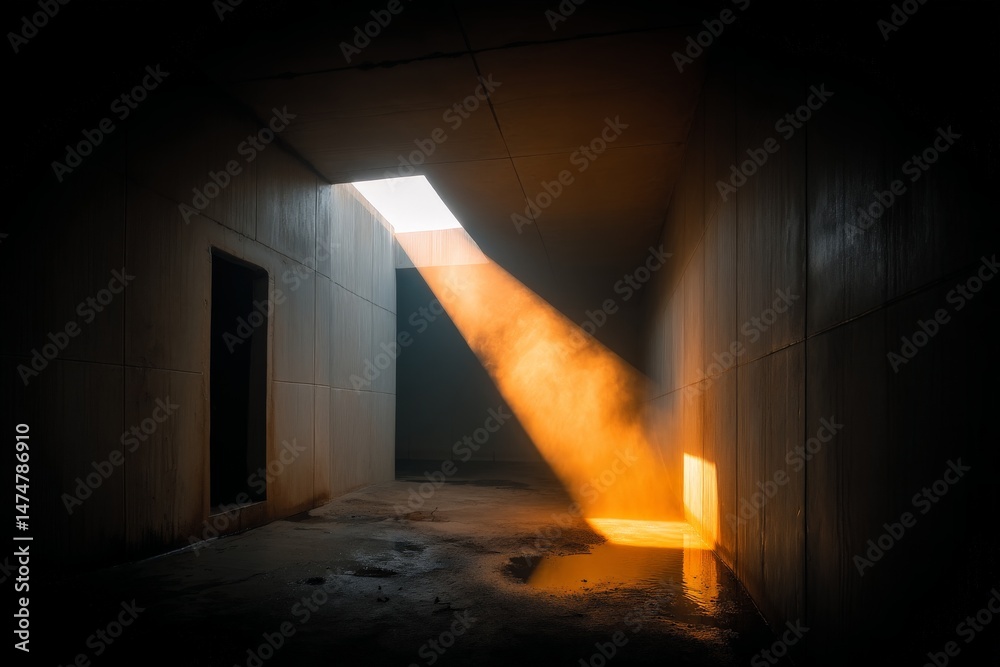 Poster light beam cutting through an empty room with a concrete finish during a quiet afternoon