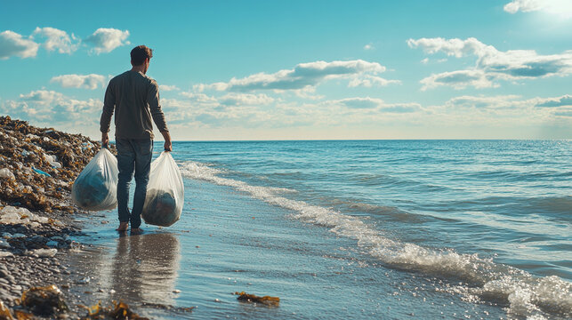 Individual cleaning up plastic waste on the beach during daylight