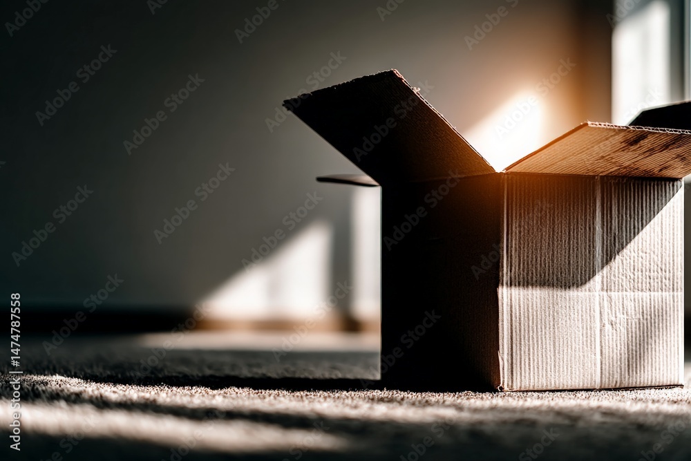 Leinwandbilder light emerging from an open cardboard box on a carpeted floor in a dimly lit room during late aftern