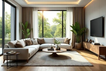Fototapeta premium Stylish living room with modern furniture and decor, natural light streaming through large window , atmosphere, home staging