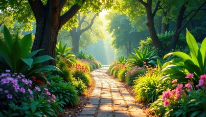 Fototapeta premium Sun-dappled path winding through diverse plants , wildlife, ecology, butterflies