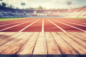 Empty wooden table in front of a stadium track