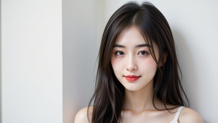Naklejka premium Portrait of a Young Asian Woman with Long Hair and Red Lipstick, Natural Light