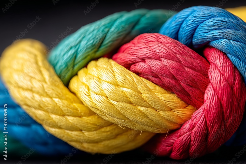 Aufkleber colorful rope knot showcasing intricate weaving techniques and vibrant hues on a dark background in 