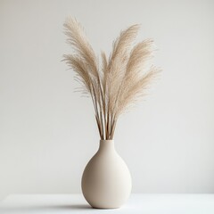 Light beige vase with pampas grass.  A simple, elegant display of dried pampas grass in a muted cream-colored vase against a neutral backdrop.  