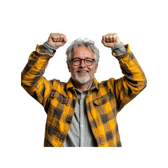 Triumphant Senior Man Celebrating Success with Raised Fists