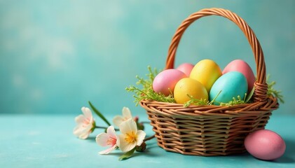 Naklejka premium Vibrant colored Easter eggs in a basket, spring holiday decoration , egg dyeing, colorful, happy easter