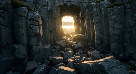 Rocky Tunnel Leading to Light Over Water Landscape