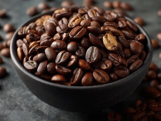 A bowl full of aromatic roasted coffee beans sits on a textured gray surface ready to be ground and brewed.