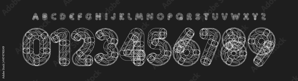 Poster abstract tech number and letters font, wireframe geometric alphabet for science posters, futuristic 