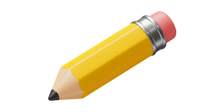Yellow pencil with pink eraser, ready to write. 3d rendering isolated on white background. Cartoon plastic style