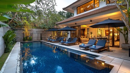 Fototapeta premium Luxurious villa with private pool, outdoor lounge, and lush landscaping